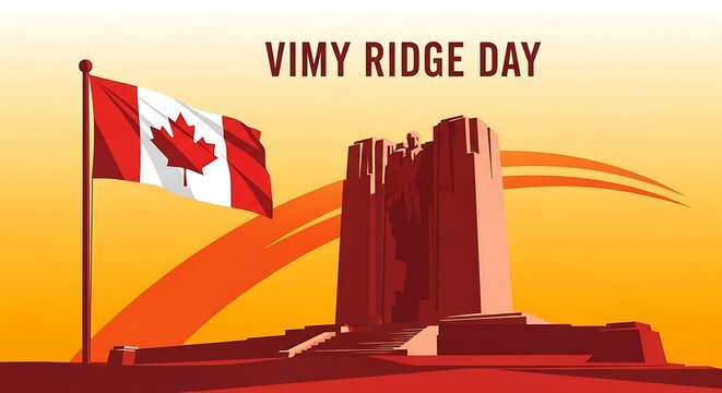Vimy Ridge Day commemorative illustration, Canadian National Vimy Memorial with waving Canada flag, patriotic tribute poster for military remembrance