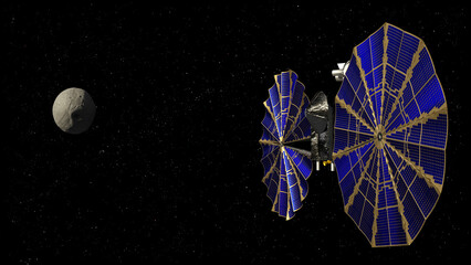 3D rendering of the Lucy space probe on it's mission to visit Trojan asteroids in our solar system.  © Raymond