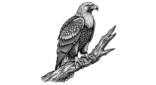 Majestic Eagle Perched on a Branch, Hand-Drawn in Vintage Engraving Style Illustration