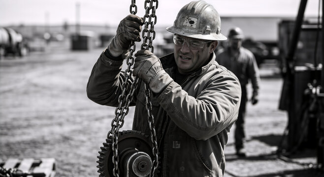 Industrial worker in hard hat and safety glasses handling heavy metal chains. Male construction worker operating machinery hoist with a large gear on an outdoor job site. Black and white
