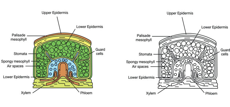 Leaf cross section anatomy diagram. Educational vector illustration showing internal structure, cellular layers, and vascular tissue. Labeled color and line art outline versions.