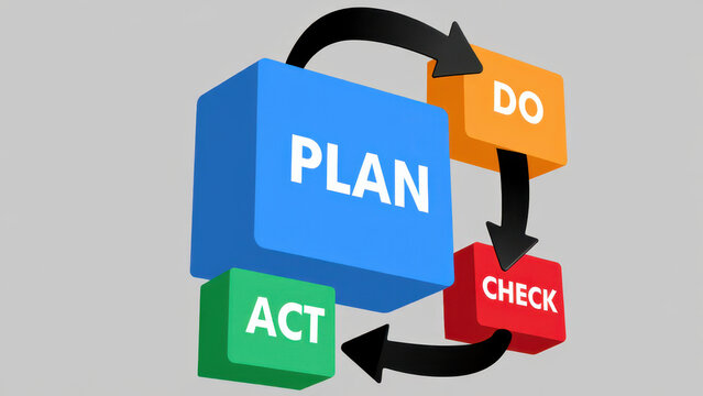 Plan do check act management cycle with arrows showcasing continuous improvement process and quality management for business productivity and operational efficiency enhancement