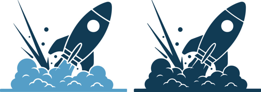 Rocket ship launching into the sky with smoke and flames vector illustration