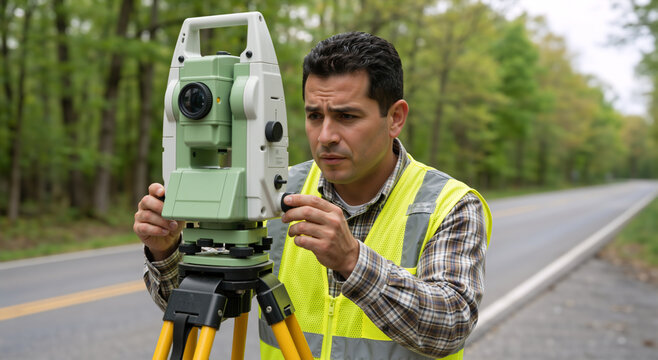 Land surveyor using a total station on a roadside. Professional engineer in safety vest measuring for construction project. Civil engineering and infrastructure development concept