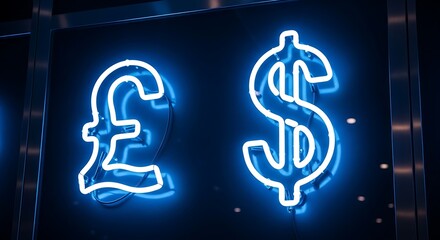 Obraz premium Neon currency symbols a vibrant display of british pound and us dollar signs in electric blue