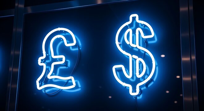 Neon currency symbols a vibrant display of british pound and us dollar signs in electric blue