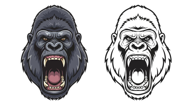 Gorilla Heads Roaring Open Mouth Expressions.