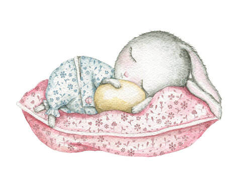 Easter cartoon cute bunny in pajamas sleeps on a pink pillow with floral pattern and hugs yellow egg. Watercolor hand drawn illustration