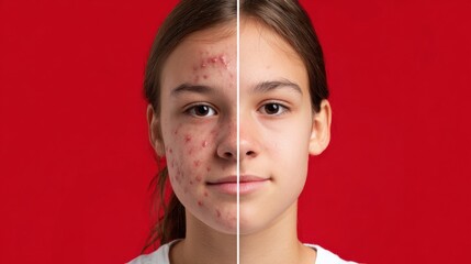 Young person with acne and clear skin contrast on red background