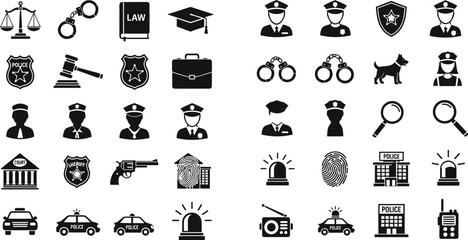 Police and Law Enforcement Icon Set Featuring Badges, Handcuffs, Vehicles, and Tools for Justice and Security © Sreemotimadhobi