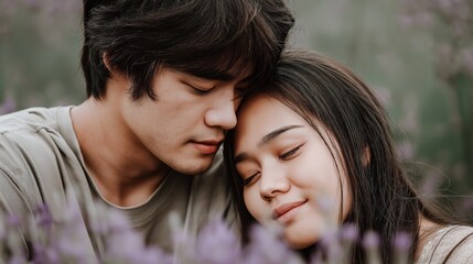 Obraz premium Soft lavender blooms surround a tender moment