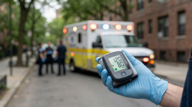 Medical professional holding a blood pressure monitor with an ambulance and paramedics in the blurred background