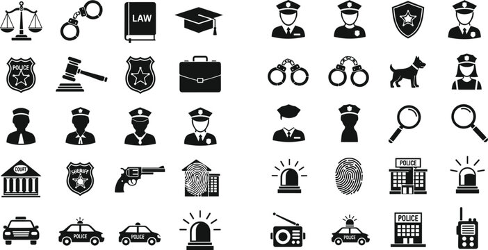 Police and Law Enforcement Icon Set Featuring Badges, Handcuffs, Vehicles, and Tools for Justice and Security