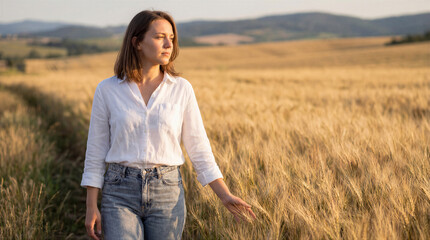 Naklejka premium Young woman walking through a golden wheat field at sunset, gently touching the crops with her hand