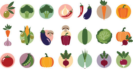 Fototapeta premium Vegetable Icon Set Featuring Broccoli, Carrot, Pepper, Tomato, and More for Healthy Eating, Organic, and Farm Designs
