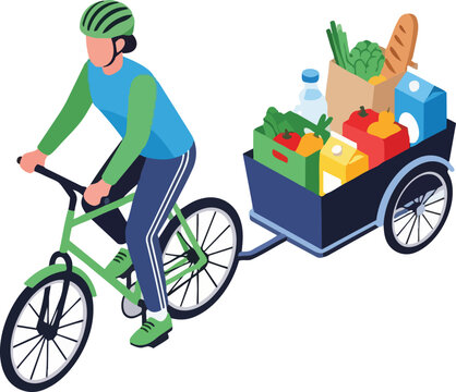 Isometric Vector Illustration of an Eco-Friendly Grocery Delivery Courier Riding a Bicycle with a Trailer Full of Fresh Food and Groceries