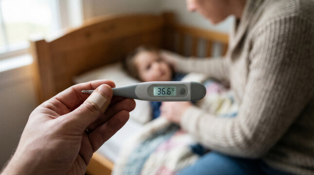 Hand holding a digital thermometer showing 366c, with a blurred background of a child in bed and an adult comforting them