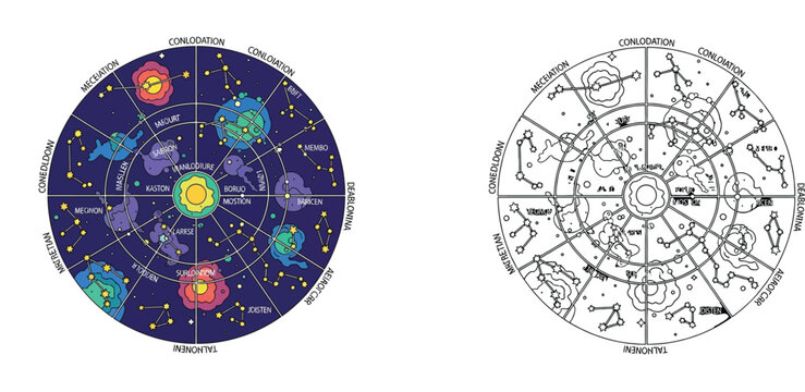 Circular celestial map and astrological star chart with constellations and planets. Colored and black and white outline vector illustrations for space design.