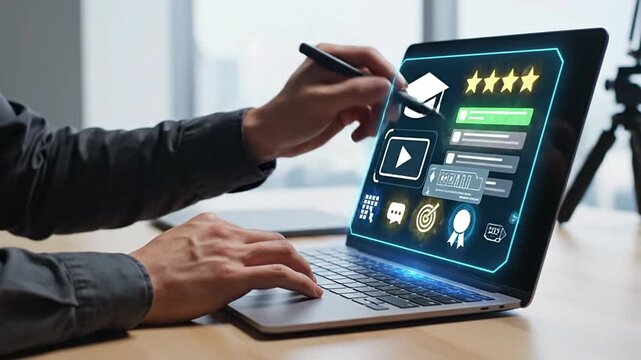 Person engaging with an e-learning platform on a laptop, focusing on online education, skill development, and virtual training for professional and personal growth.