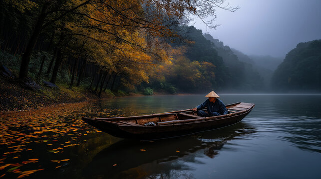 AI generator images of boatman is navigating an antique wooden boat along a river surrounded by a forest with changing colors of leaves.
The water's surface is covered with a variety of colorful 