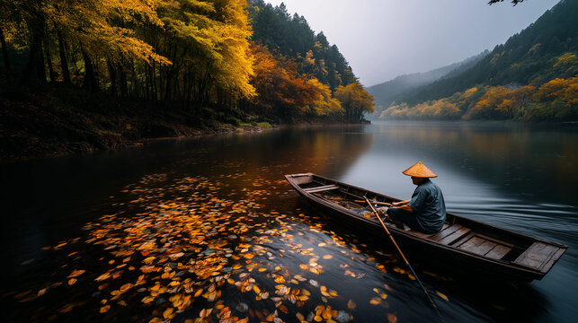 AI generator images of boatman is navigating an antique wooden boat along a river surrounded by a forest with changing colors of leaves.
The water's surface is covered with a variety of colorful 