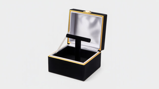 A product photo of an open black jewelry box on a surface