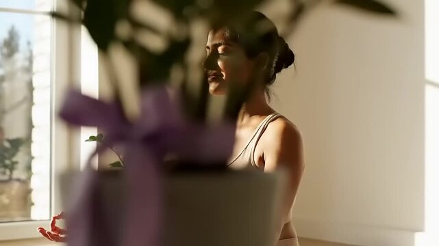 Woman Practicing Yoga Indoors Calmly.