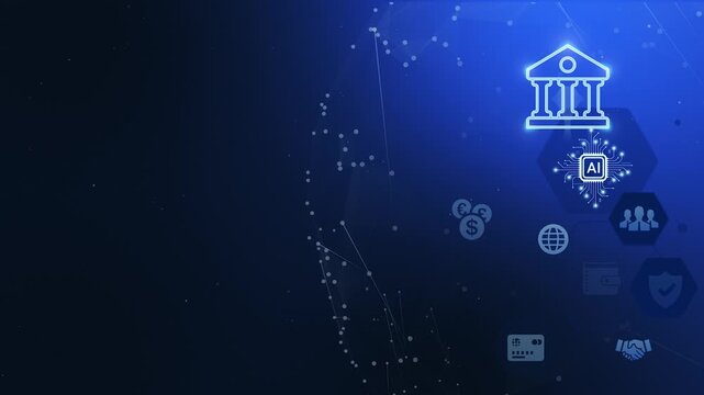 4K Royal Blue Agentic Banking Grid. Hexagon Pattern with Financial Icons, AI Circuits, and Circular Plexus Mesh.