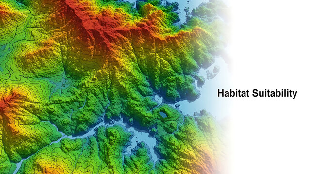 Topographic map with habitat suitability colors  showing land and water features  various shades of green yellow orange and red