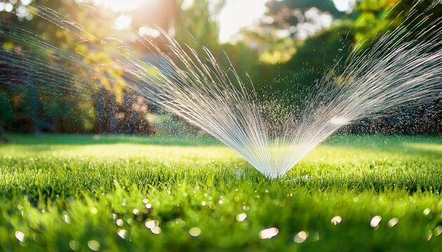 green lawn under drops of water for irrigation watering system for lawn garden maintenance garden care