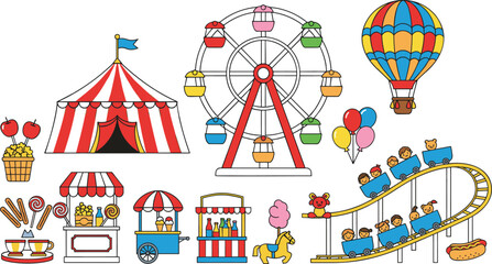 Flat cartoon style illustration set of amusement park elements including Ferris wheel circus tent hot air balloon and snacks. © MUSHAHID