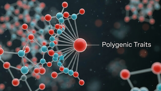 Polygenic traits molecular structure with red and blue atoms connected by white lines on dark background