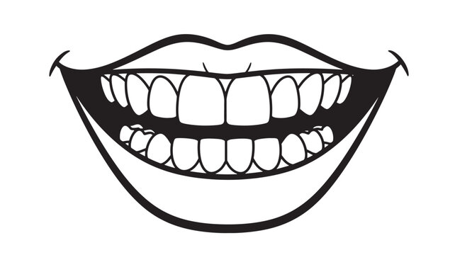 Mouth wide open with many white teeth and dark black outline showing a big smile, isolated on white background.