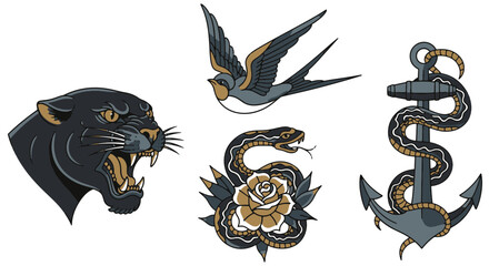 American Traditional Tattoo Style Panther Bird Snake Anchor and Rose Illustrations © Clovernand