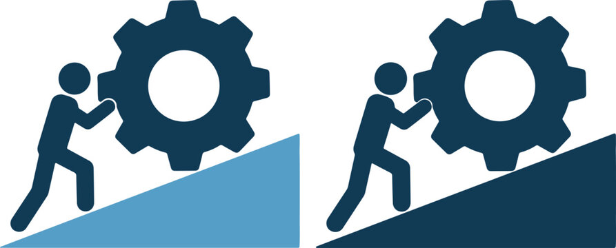 Two people pushing large gears up inclines in a business concept illustration