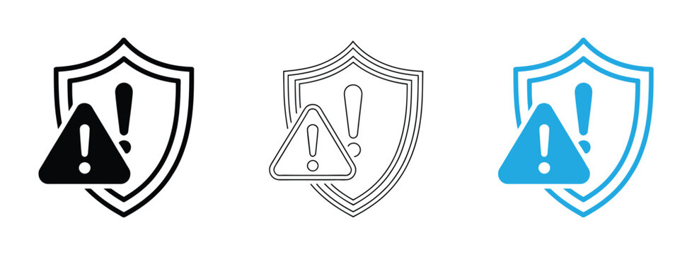 stylized shields representing security concepts protection verification and warning. Warning shield icons set in black, white and blue for safety and protection concepts Vector illustration.