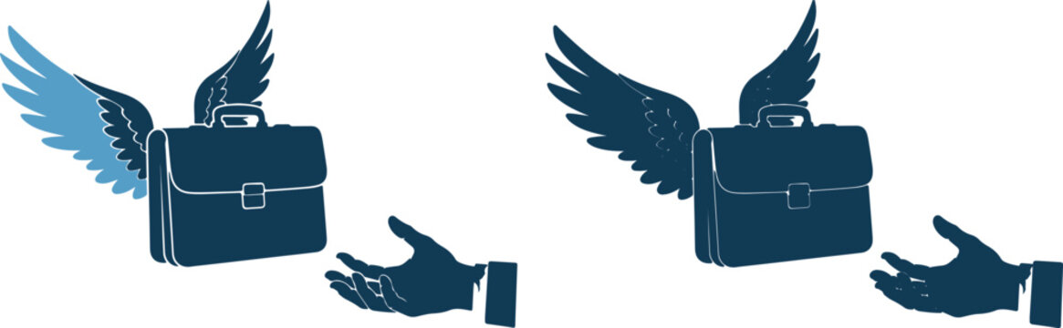 Business briefcases with wings and hands on exchanging documents