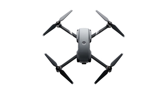 Top down view of a modern compact gray quadcopter drone featuring four black propellers positioned against a clean white background ideal for advertising.