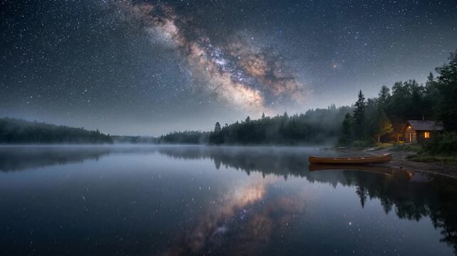 Night lake under starry sky with Milky Way reflections and gentle mist in seamless cinematic loop