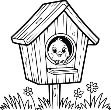 A cartoon bird looks out of a wooden birdhouse