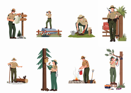 Collection of diverse park rangers performing professional duties like wildlife conservation, environmental protection, fire safety, and guiding visitors in national parks.
