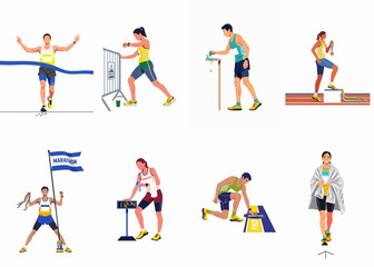 Fototapeta premium Set of flat vector illustrations depicting marathon runners during various race stages, including crossing the finish line, hydration, and celebrating victory with medals.