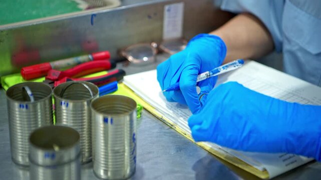 Production control supervisor inspects the can in the production line of a canned fish factory