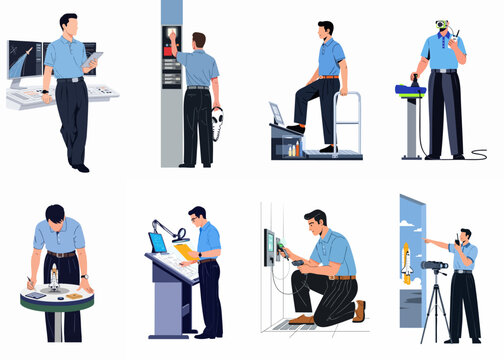 Collection of flat vector illustrations depicting various professions in the space industry, including mission controllers, engineers, technicians, and astronaut training activities.