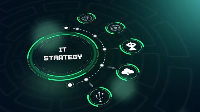 Information technology strategy visualization featuring corporate planning and technical logic on a sophisticated digital interface