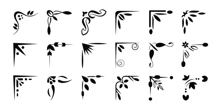 doodle corners, swirl line ornaments with floral flourishes and ornate filigree for vintage card retro certificate borders and baroque elements, fancy corner vector isolated set.