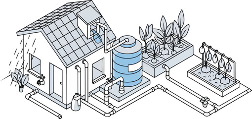 Fototapeta premium Isometric Sustainable House Illustration with Rainwater Harvesting, Greywater Recycling and Garden Irrigation System