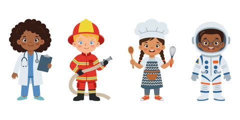Cute Kids in Professional Uniforms Dream Jobs Collection. Perfect for educational materials, career day posters, and preschool learning activities.