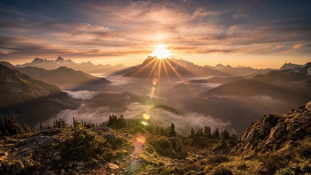 Sunrise over mountain landscape with drifting mist soft clouds and golden light in seamless loop