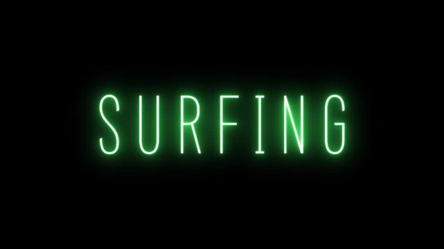 The word SURFING shines with a neon green glow in a thin sans-serif typeface against a completely black background with a subtle light bloom effect
